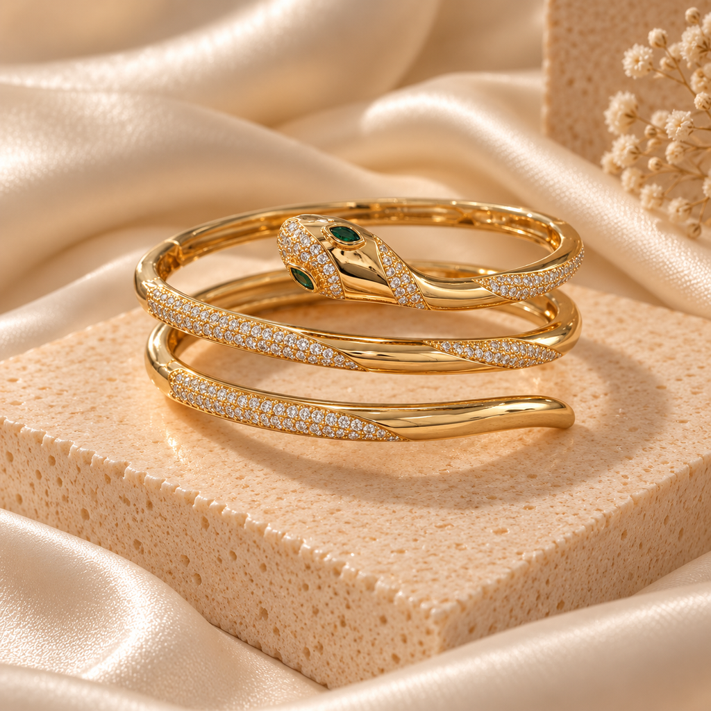 Foldable Serpentine Royale CZ & Green Stone Bracelet - Gold vermeil