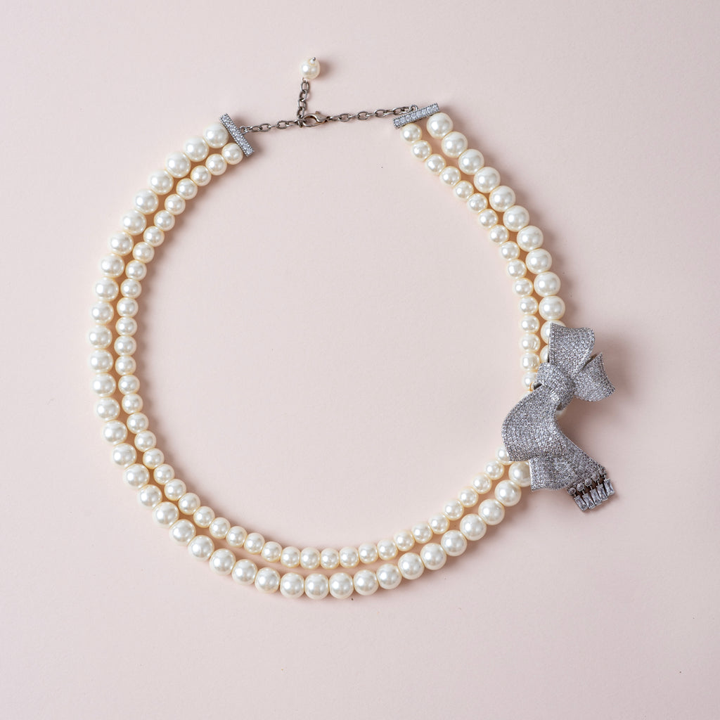 The Bow Royale - Classic Two Line Pearl Necklace With Bow