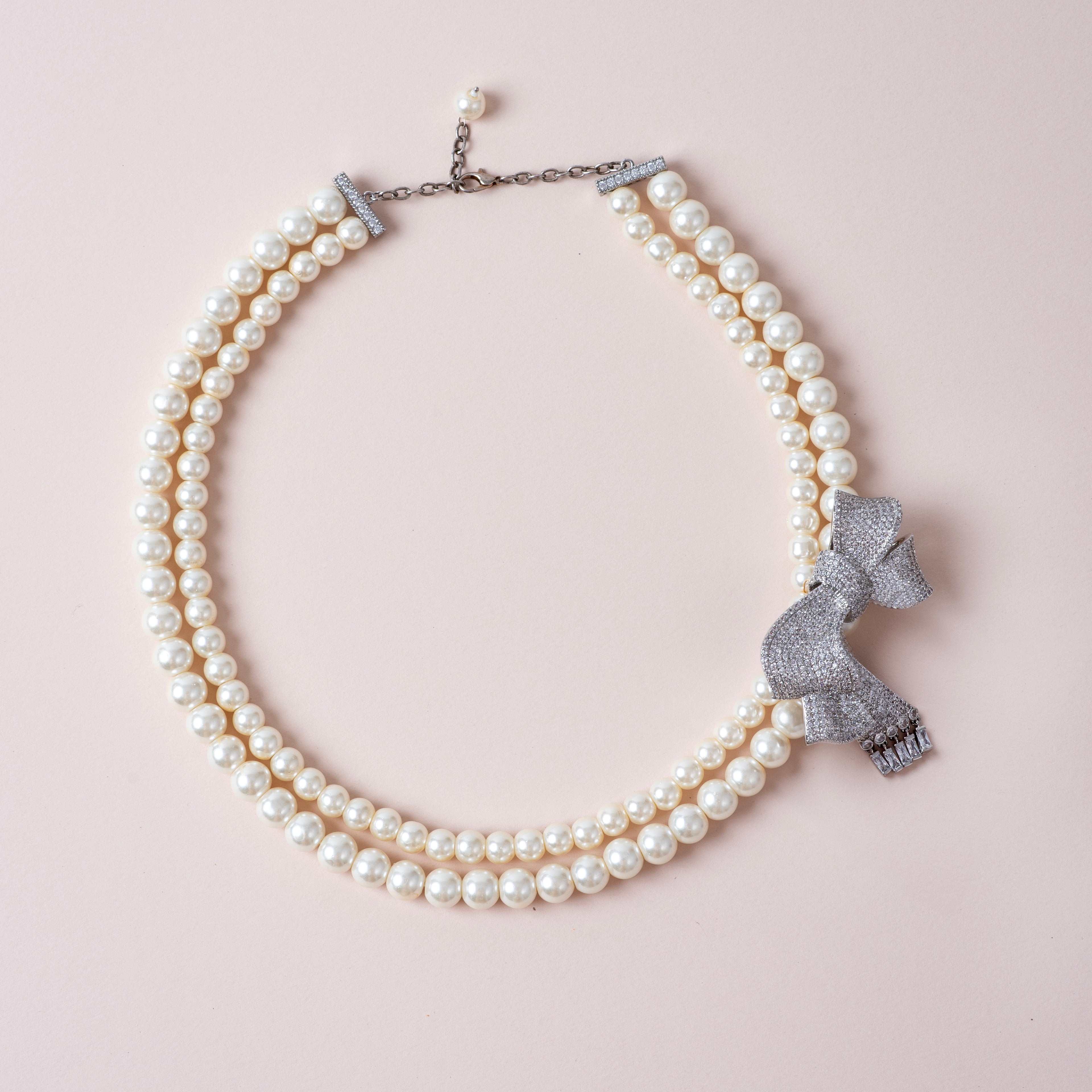 The Bow Royale - Classic Two Line Pearl Necklace With Bow