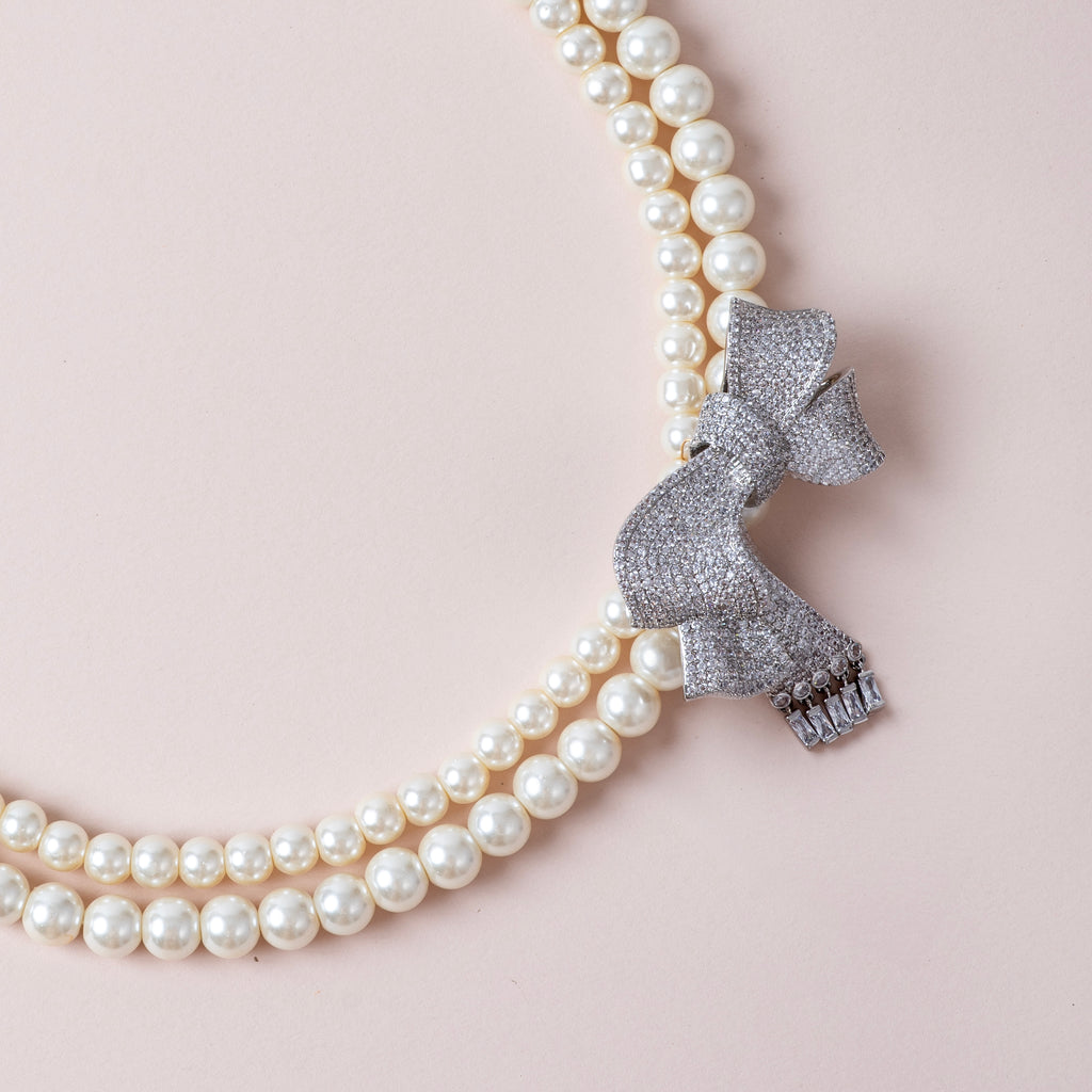The Bow Royale - Classic Two Line Pearl Necklace With Bow