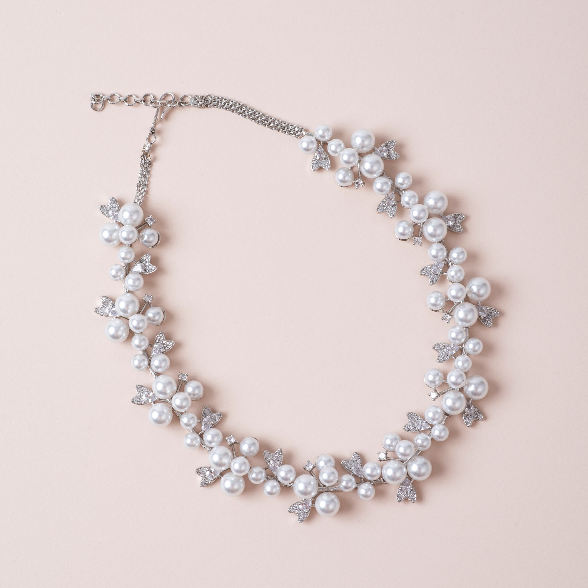 Royal Leaf Pearl Set : Pure Rhodium Intricate Hand work