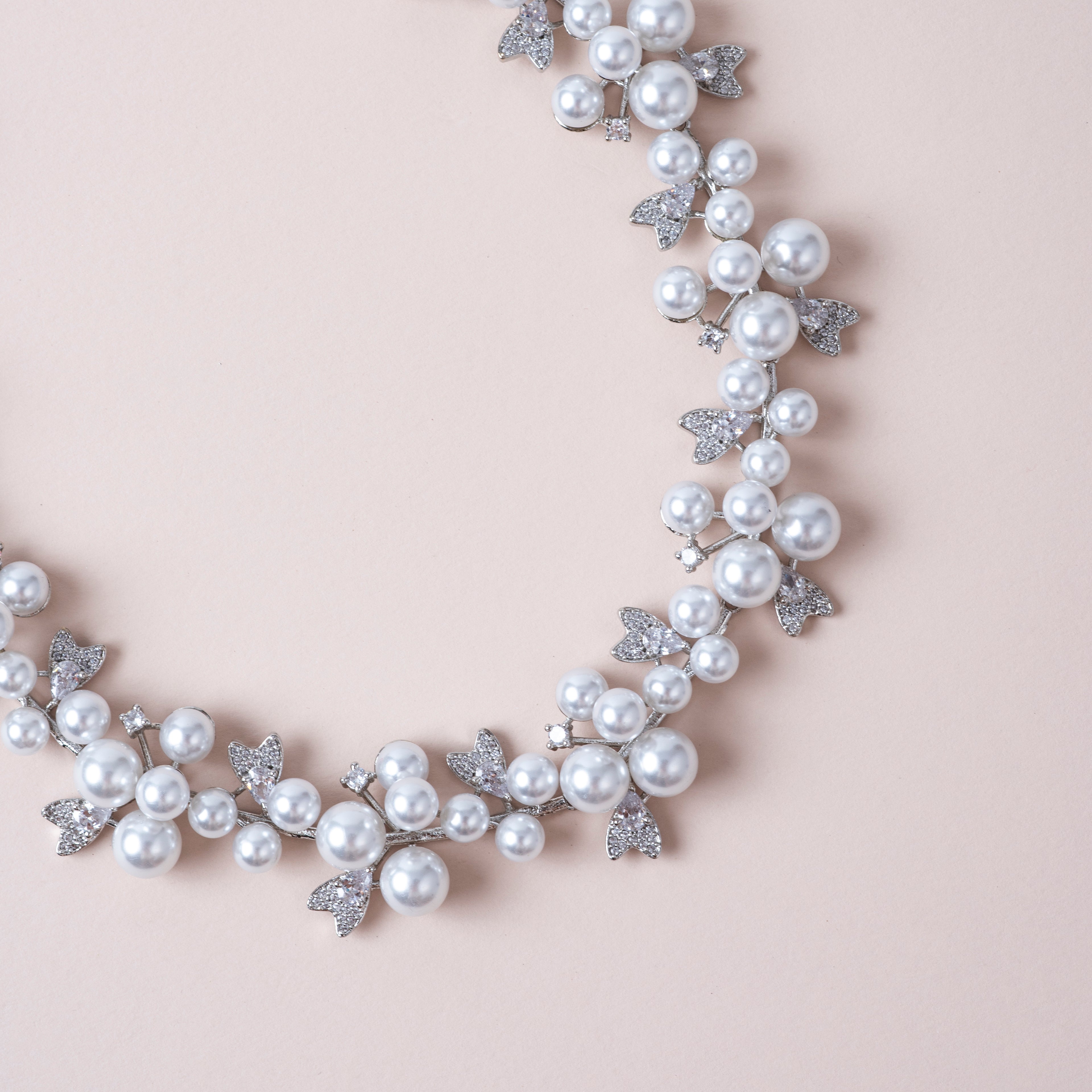 Royal Leaf Pearl Set : Pure Rhodium Intricate Hand work