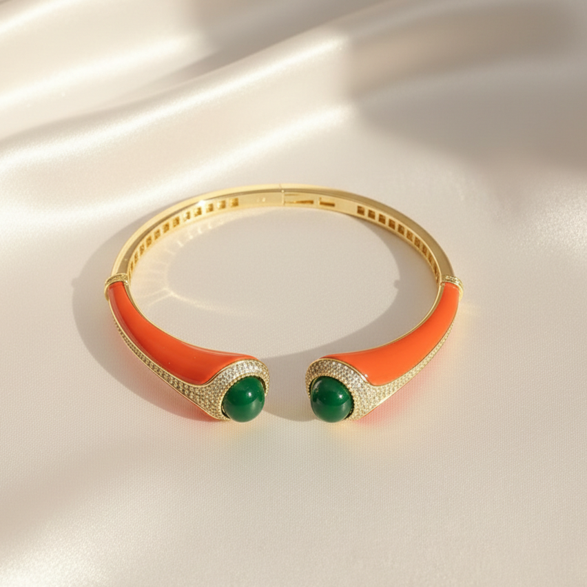 Coral & Onyx Cabochon Open Valer Bracelet – 18KT Gold Plated