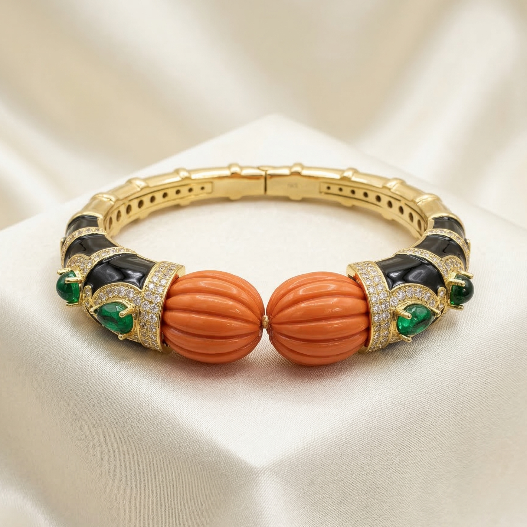 Royal Coral Emerald and Onyx Cuff Bracelet