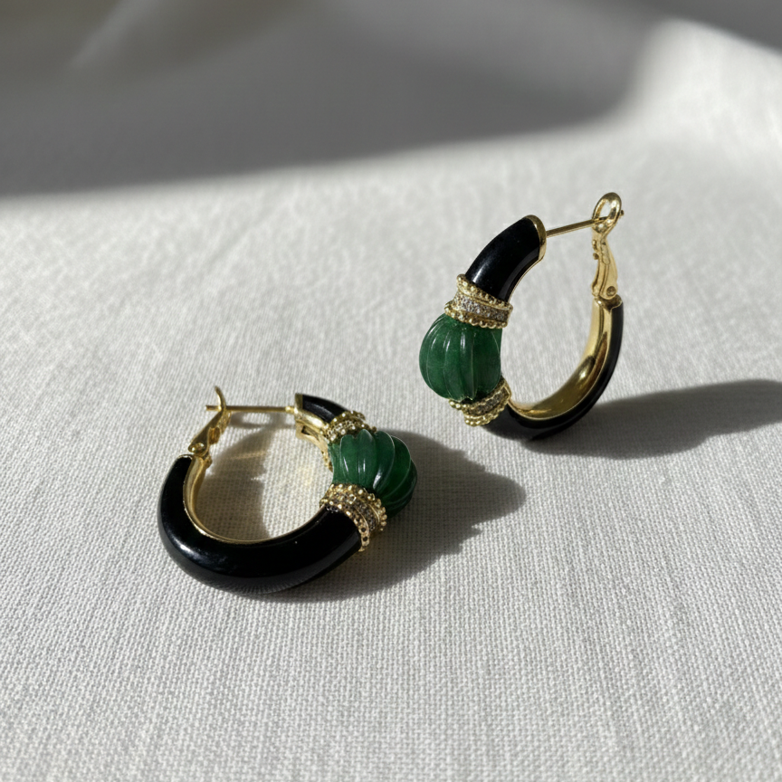 Emerald with Black Onyx Roma Gemstone Hoop Earrings