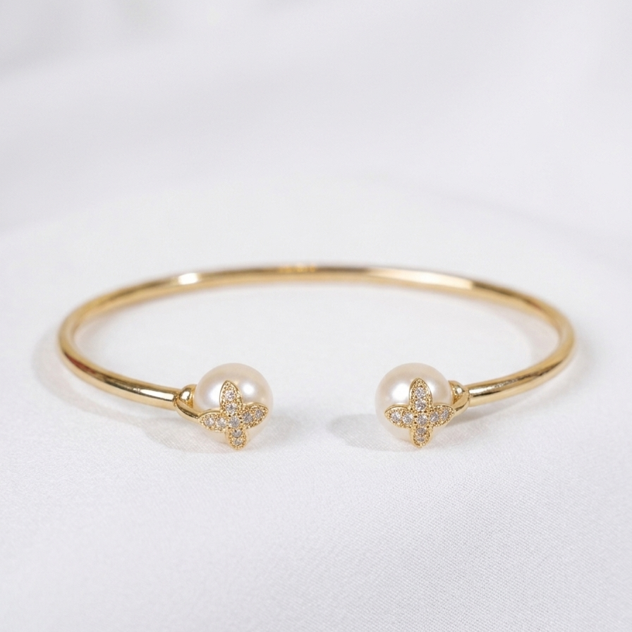 Regal Petal Pearl Open-Cuff Bracelet