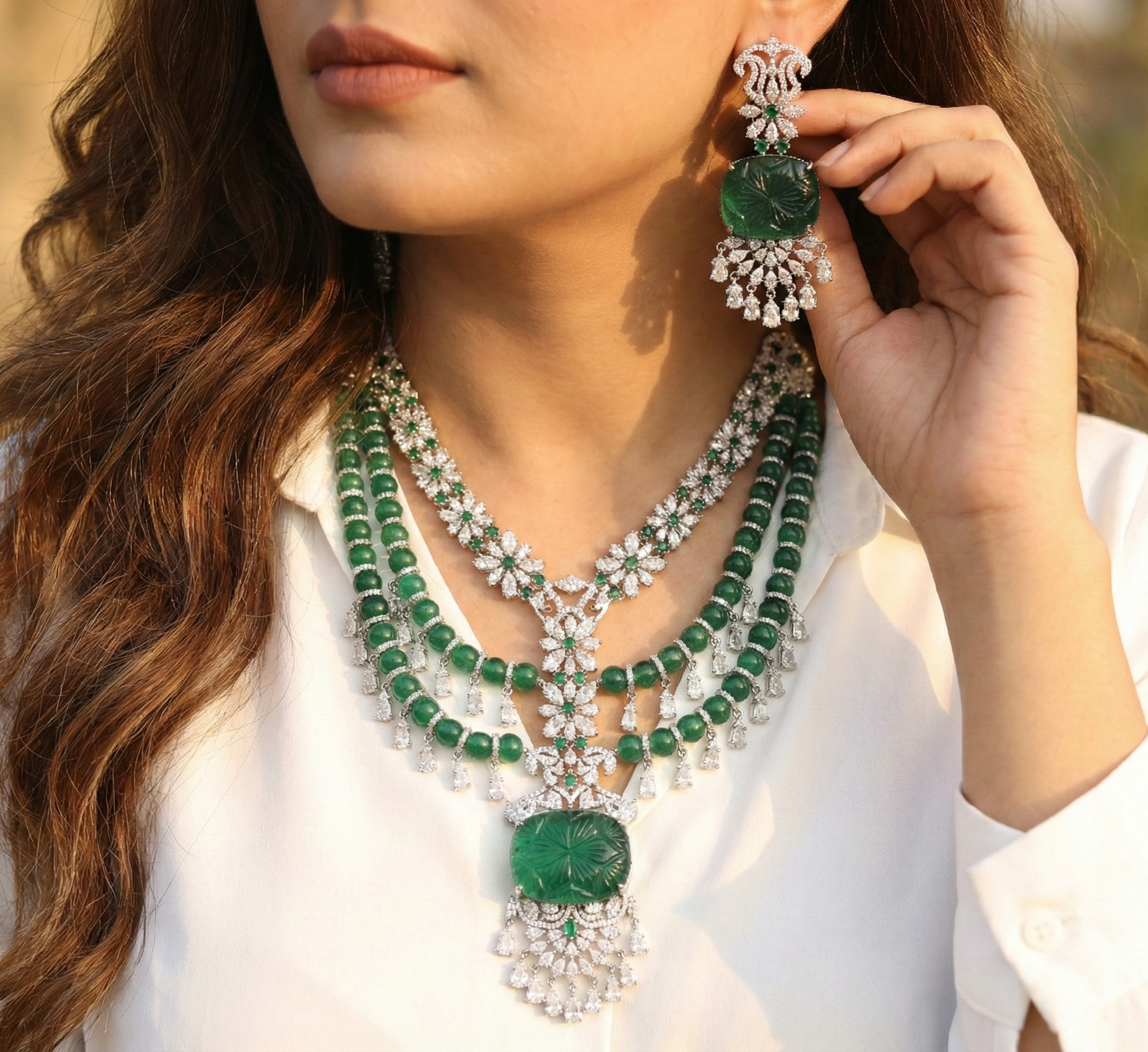 Royal 3 Layered Emerald Diamond Necklace Set