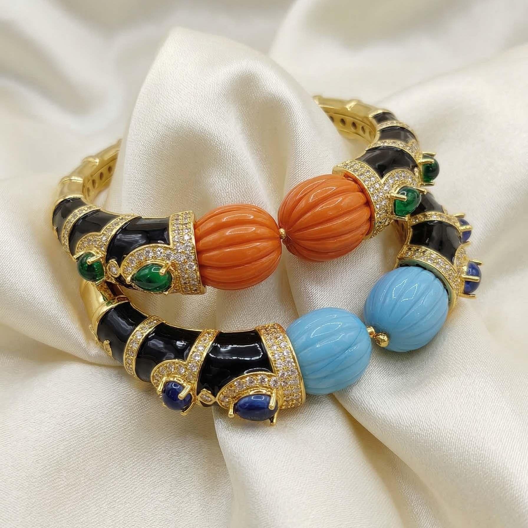 Royal Coral Emerald and Onyx Cuff Bracelet