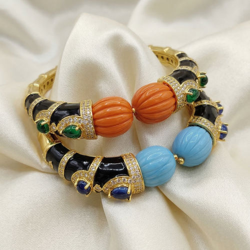 Royal Coral Emerald and Onyx Cuff Bracelet