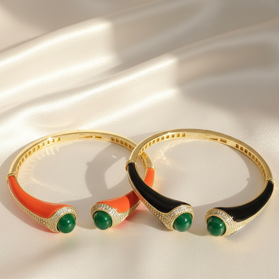 Coral & Onyx Cabochon Open Valer Bracelet – 18KT Gold Plated