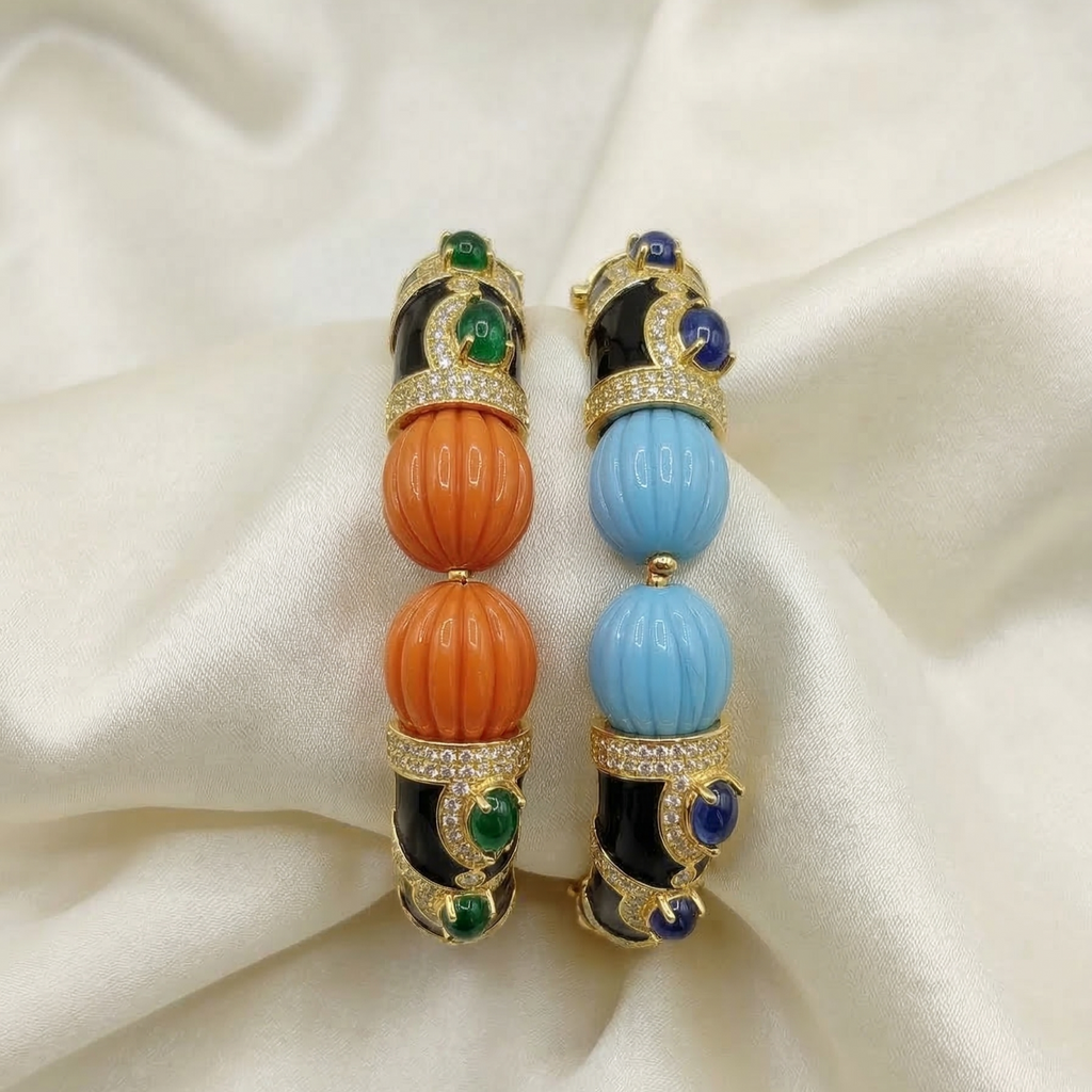 Royal Coral Emerald and Onyx Cuff Bracelet