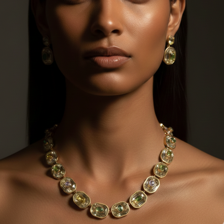 Roma Imperia Swarovski Statement Necklace Set- 18K Gold Tone Plated Designer Jewellery