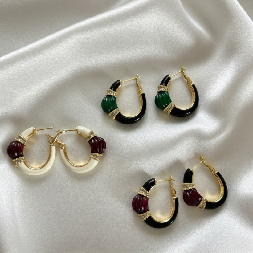 Emerald with Black Onyx Roma Gemstone Hoop Earrings