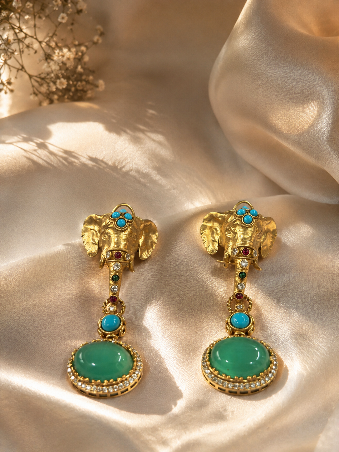 Brass Gajendra Gemstone Elephant Drop Earrings